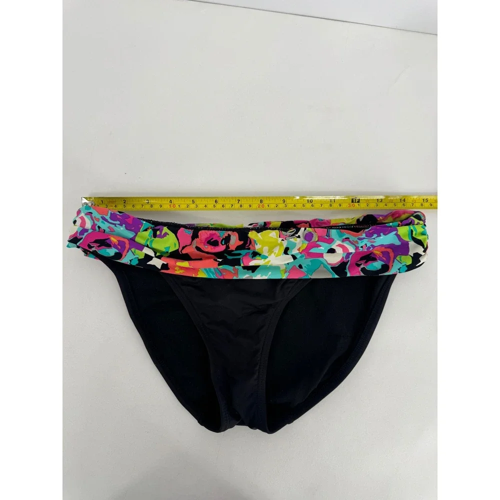 Kenneth Cole Reaction Women Black Multi Floral Neon Fold Over Bikini Bottom Sz S